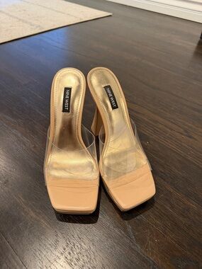 Nine West Tan Clear Strap Square Toe Mule Heels